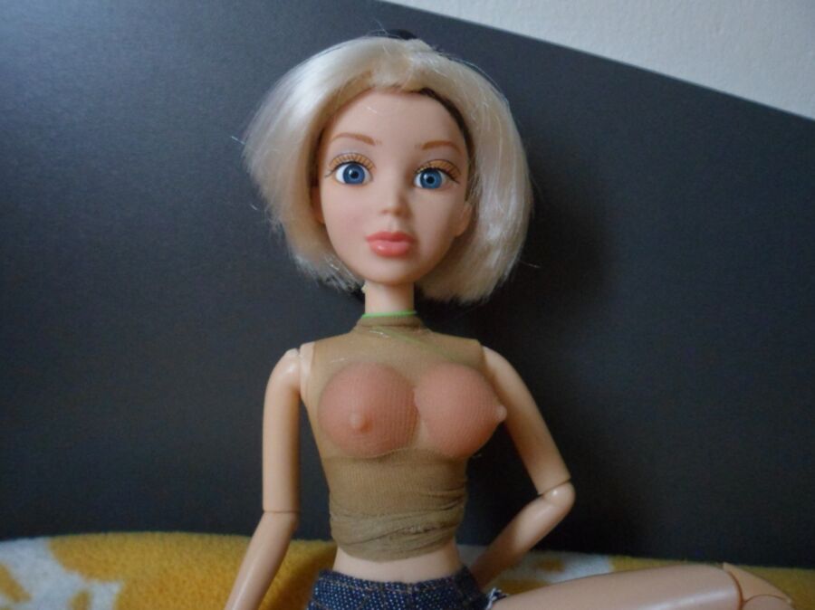 Sexy Blonde Big Tits Doll Wearing Jean Skirt