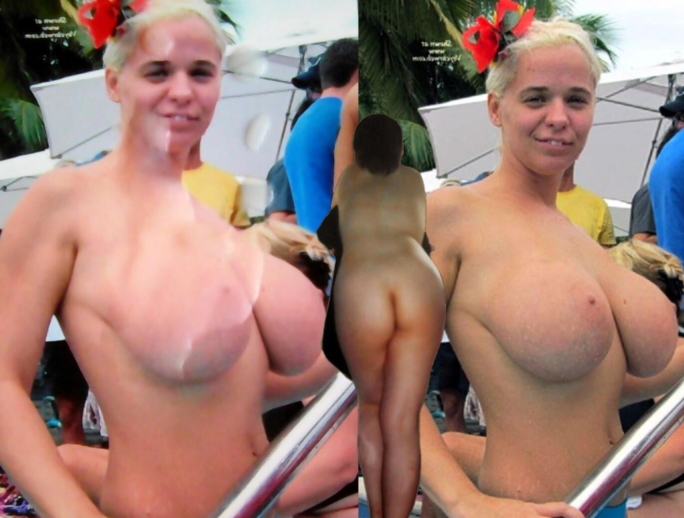 Nudist, große Brüste, Blondine, kurzes Haar, Tribut