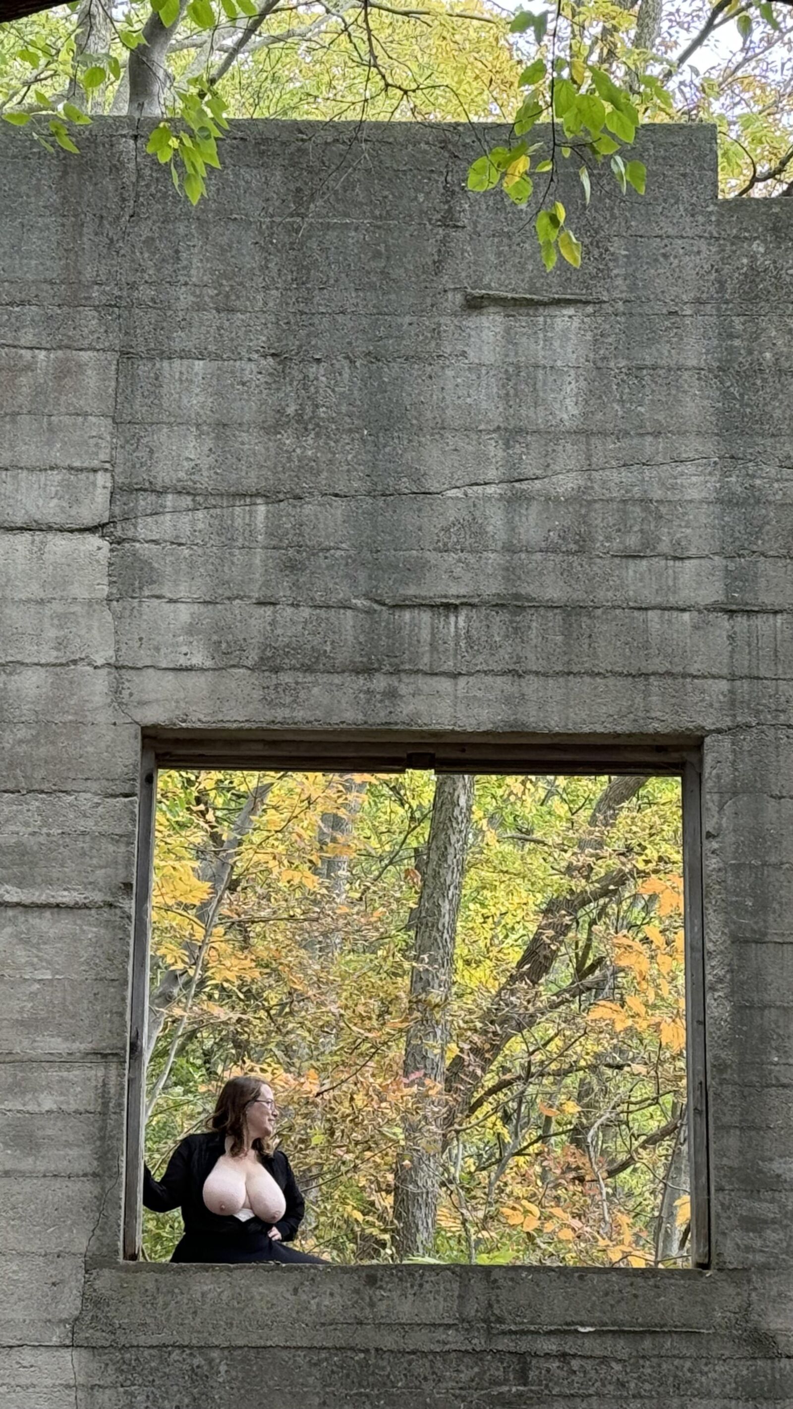 My Hotwife shows her gorgeous globes in an abandoned quarry bui.