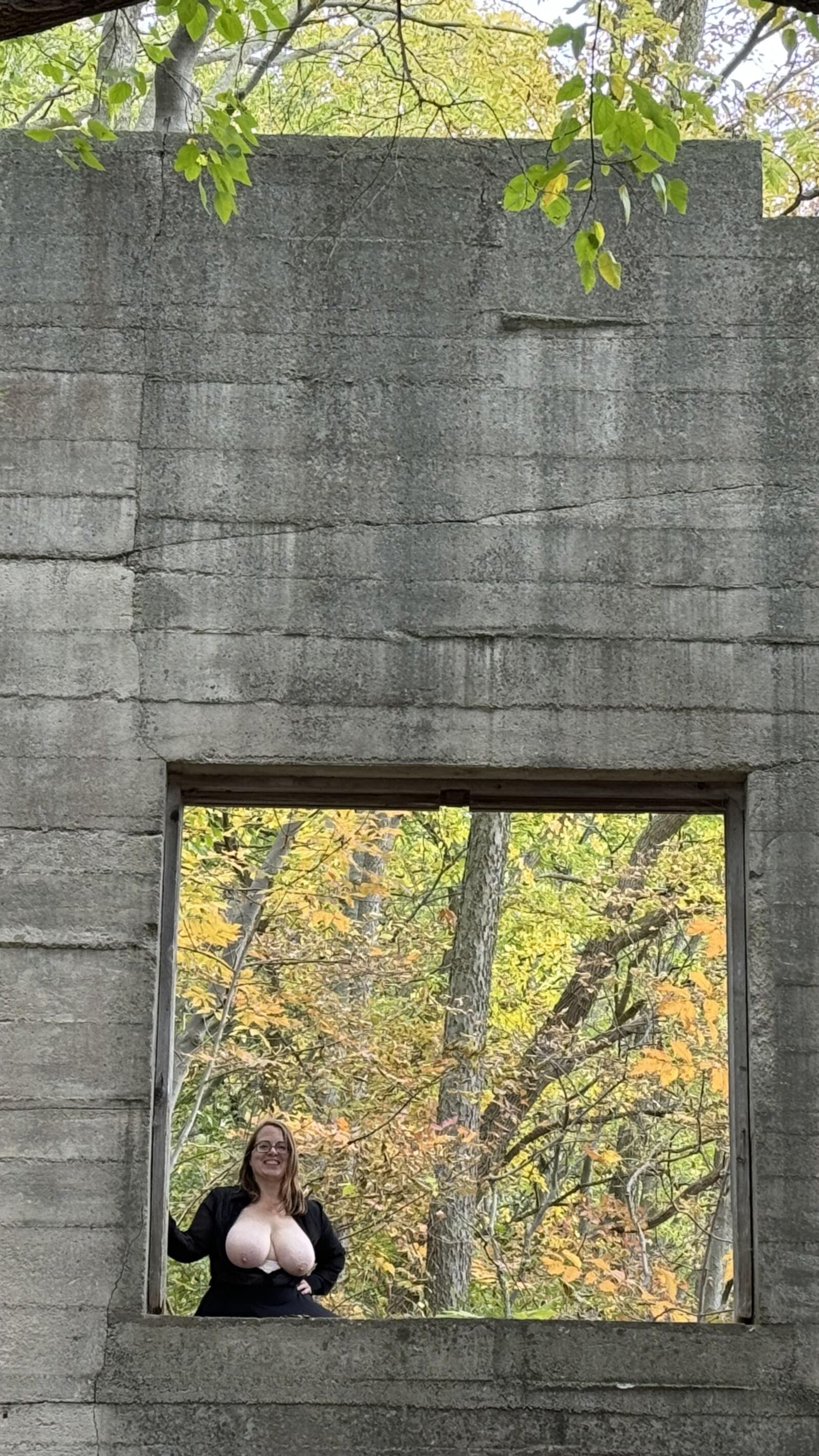 My Hotwife shows her gorgeous globes in an abandoned quarry bui.