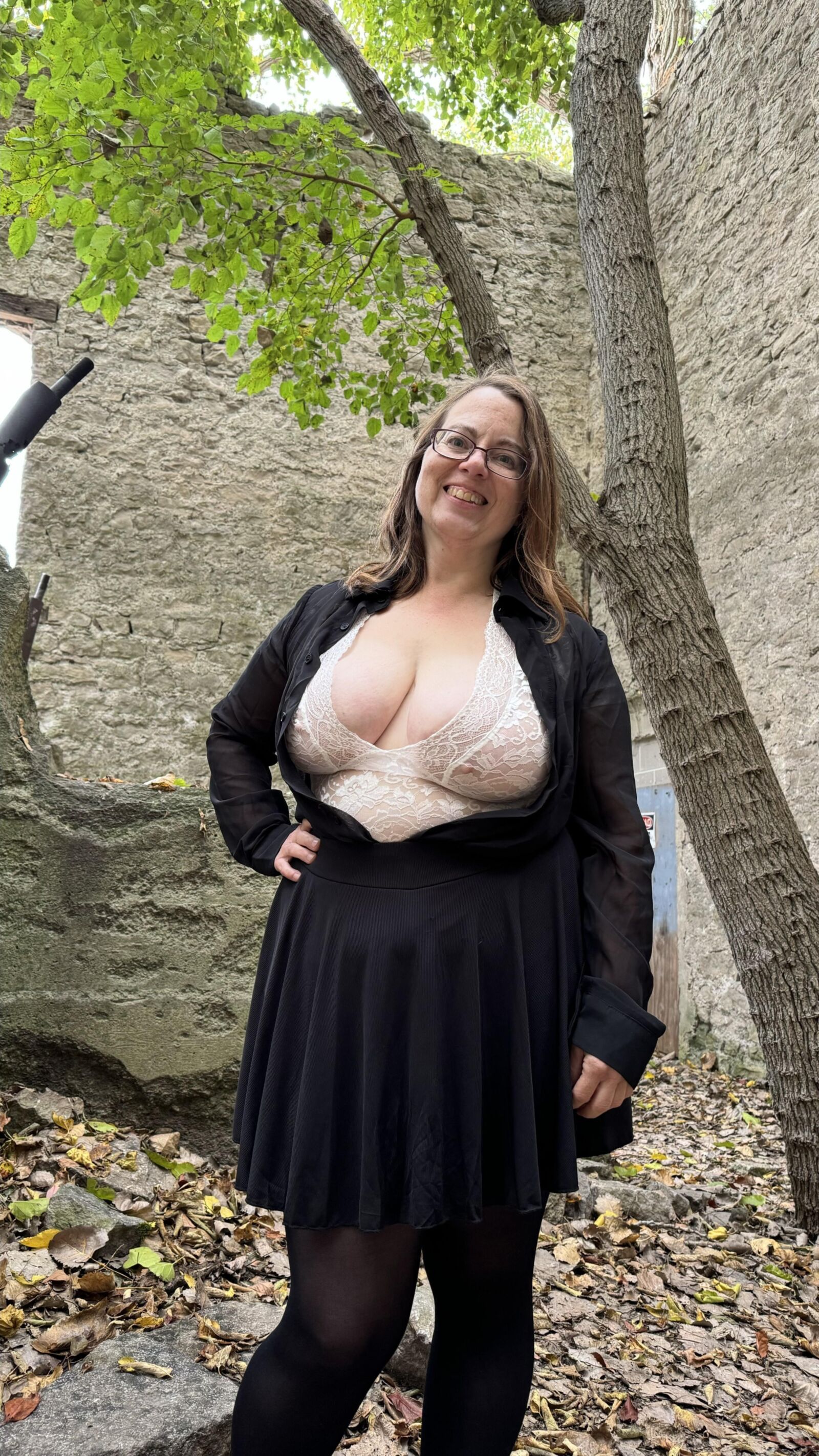 My Hotwife shows her gorgeous globes in an abandoned quarry bui.