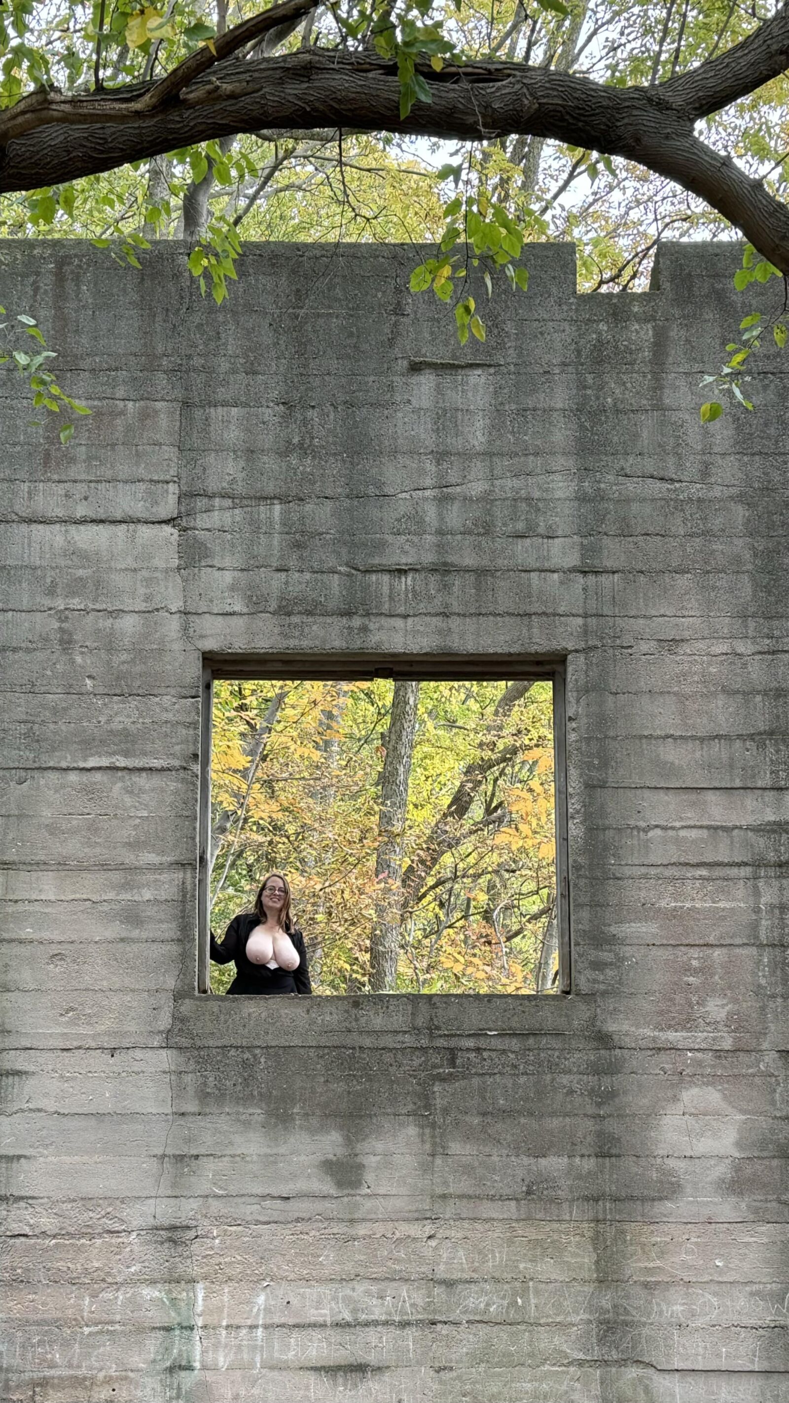 My Hotwife shows her gorgeous globes in an abandoned quarry bui.