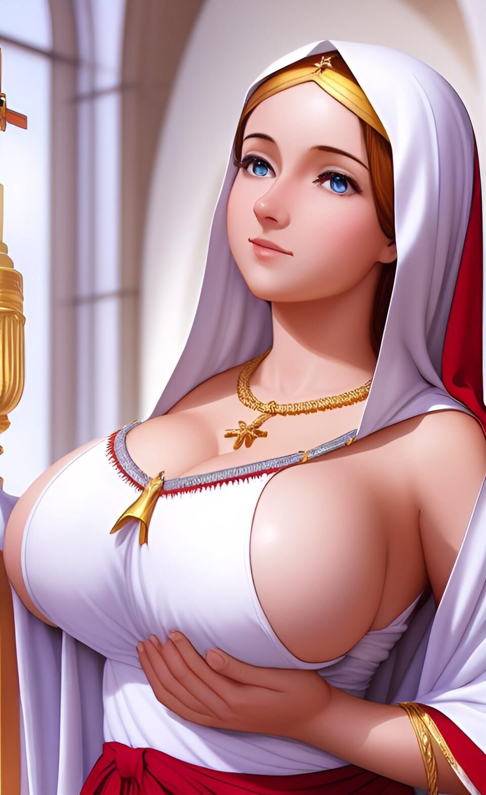 AI Virgin Mary with huge tits, our lady of the big bosom