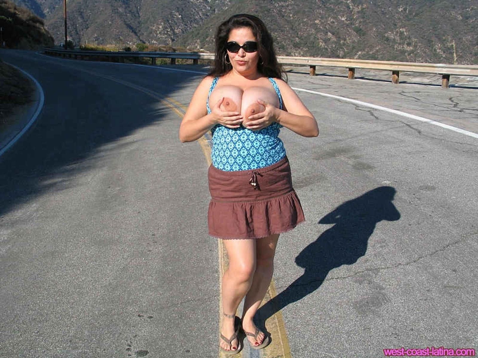 Dulcea Mexican Latina Beauty Flashes Her Chichis on a Highway