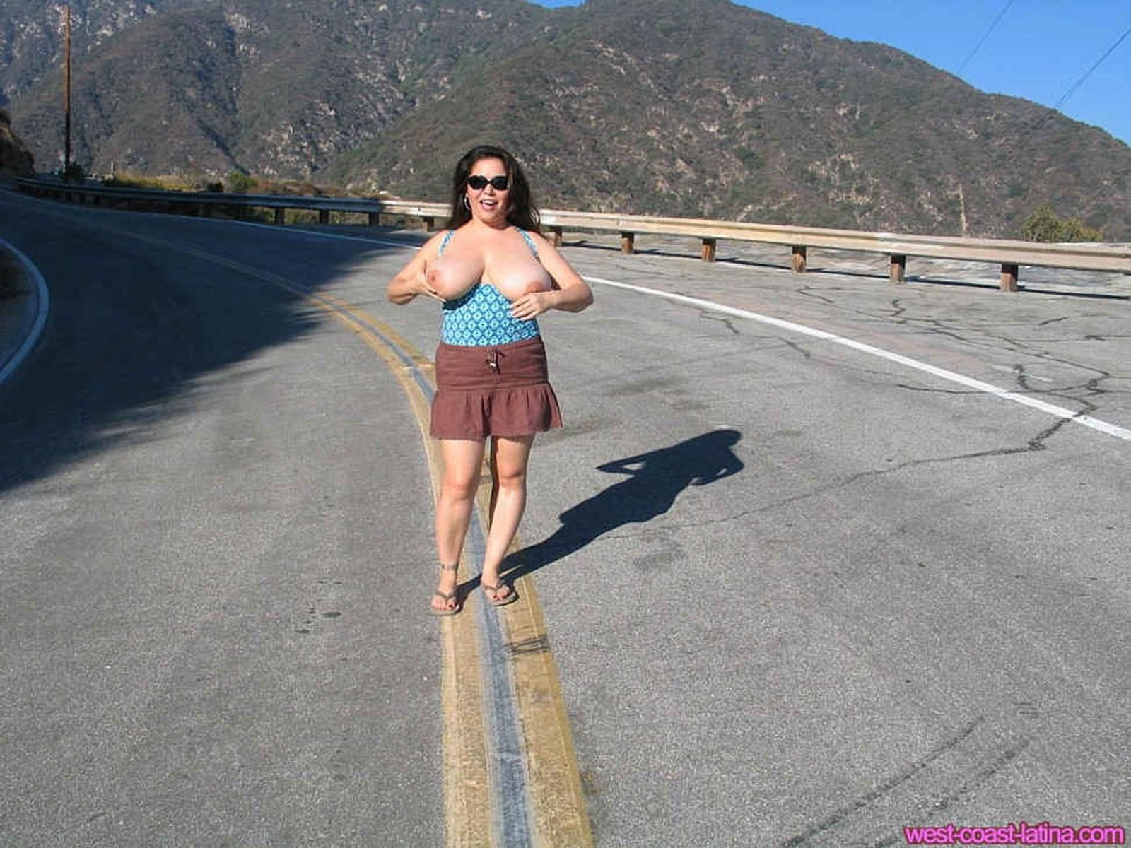Dulcea Mexican Latina Beauty Flashes Her Chichis on a Highway