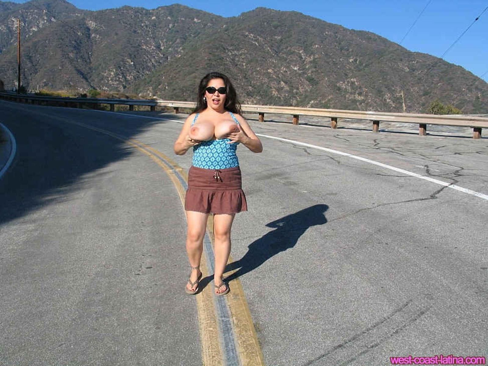 Dulcea Mexican Latina Beauty Flashes Her Chichis on a Highway