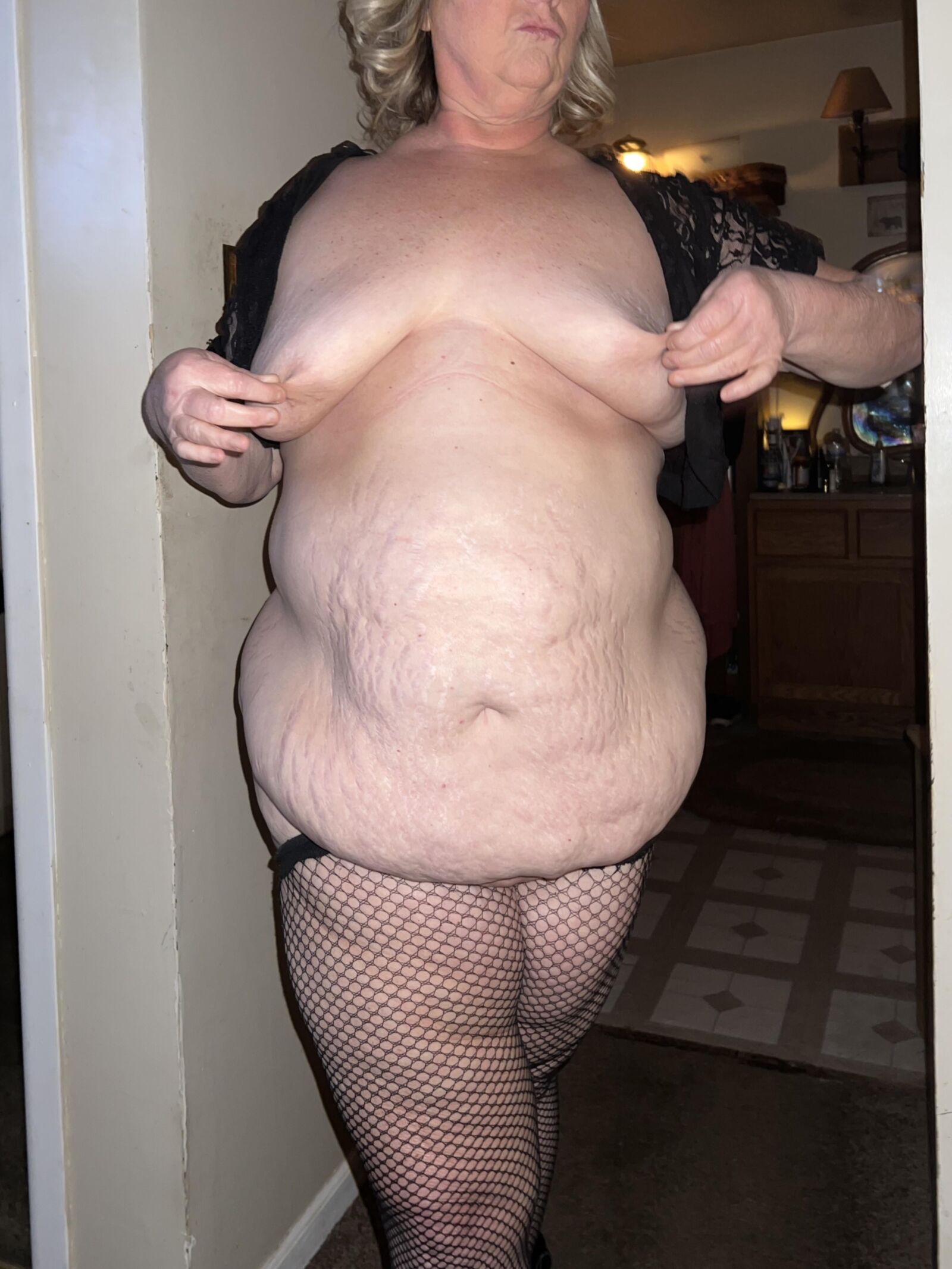 mature bbw wife's big saggy tits and big belly