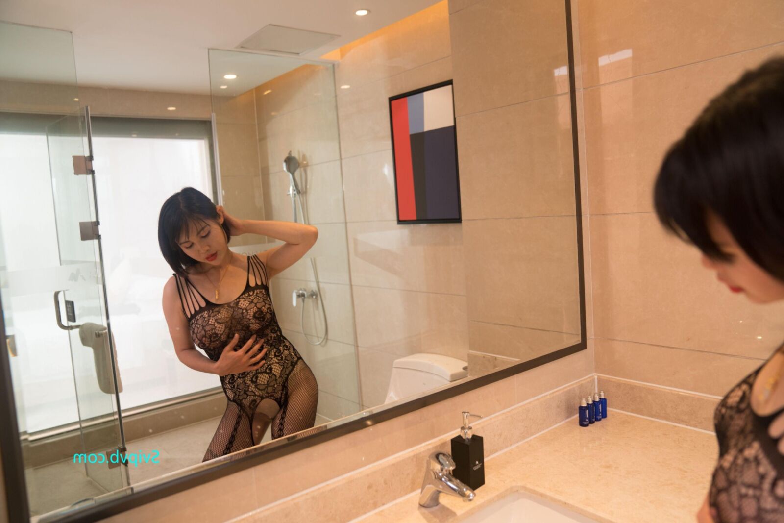 Orange Attractive Chinese Milf in a Sexy Black Bodystocking