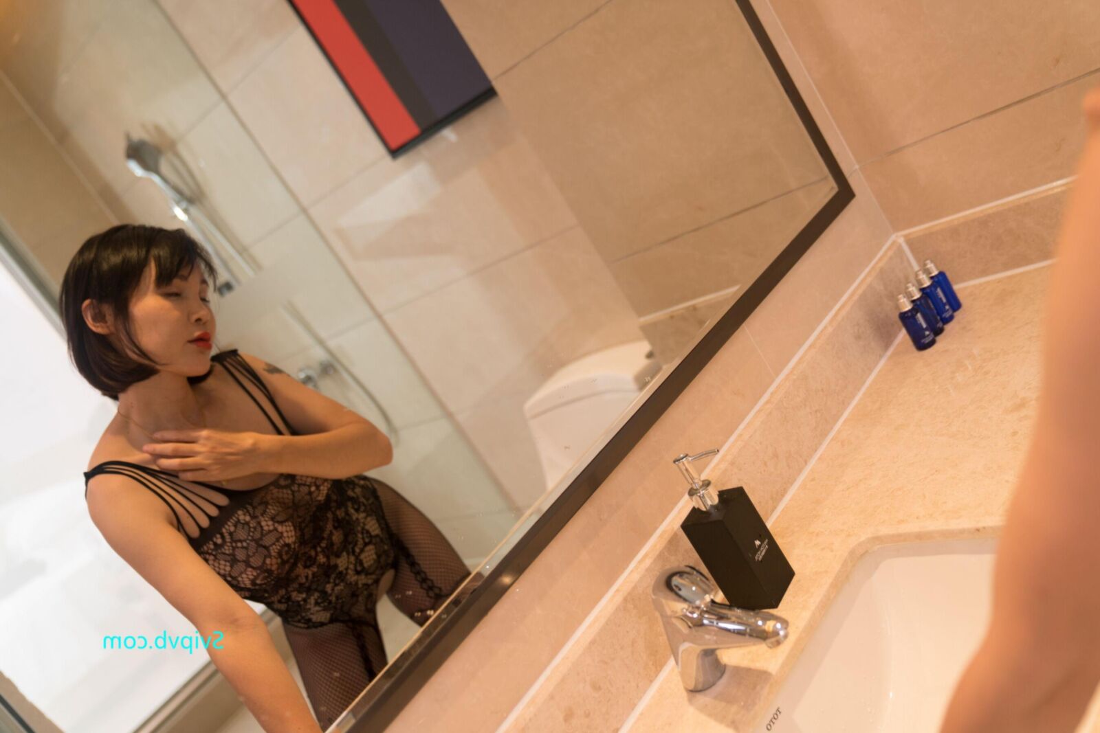 Orange Attractive Chinese Milf in a Sexy Black Bodystocking