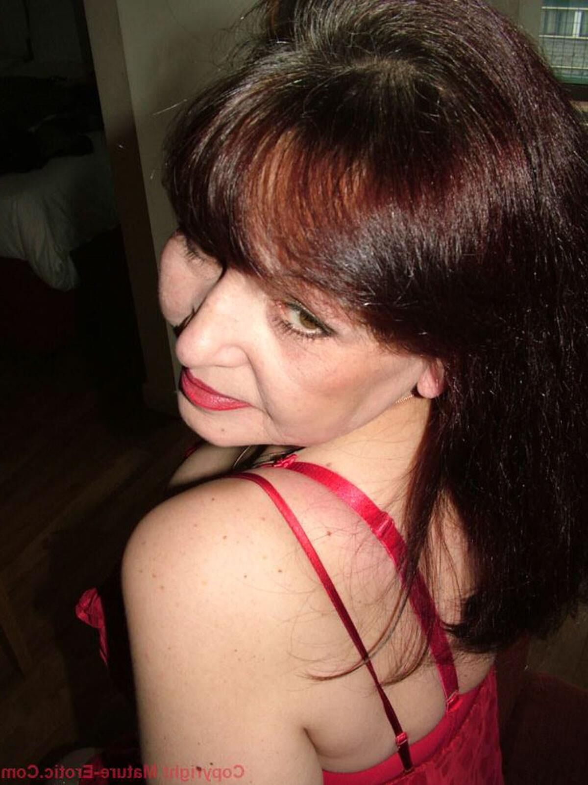 Tanya Mature British Brunette in a Red Nightie and Stockings