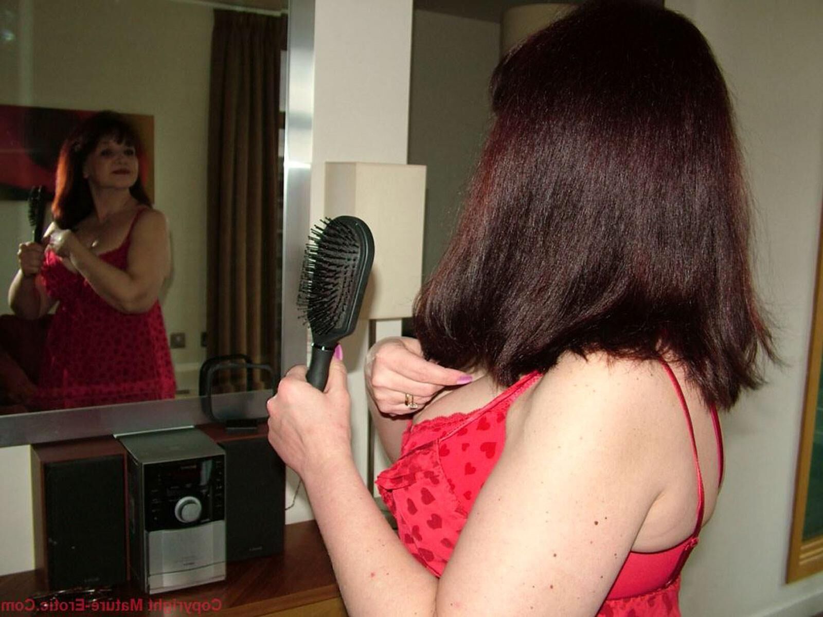 Tanya Mature British Brunette in a Red Nightie and Stockings