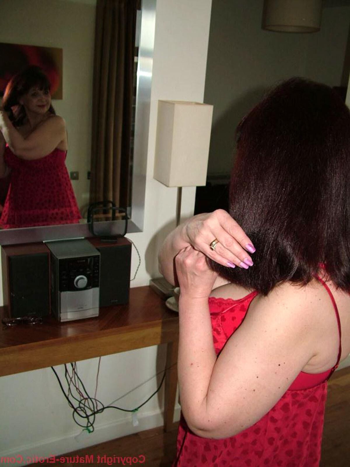 Tanya Mature British Brunette in a Red Nightie and Stockings
