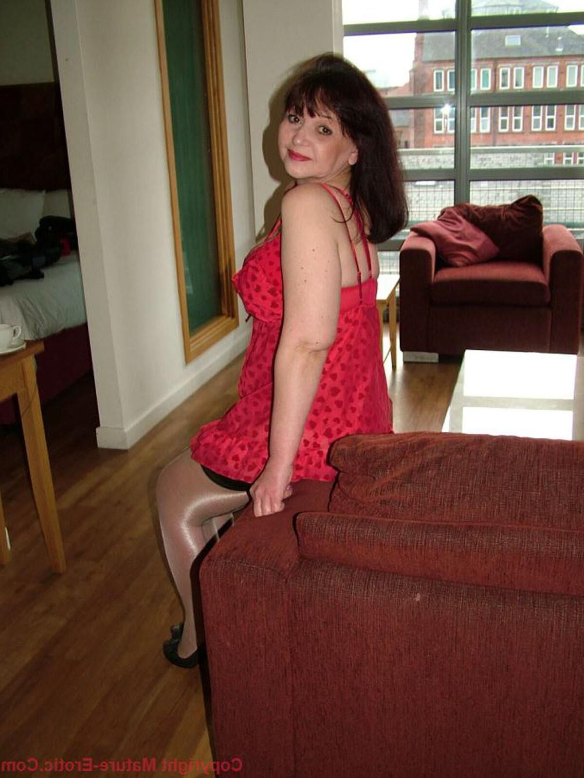 Tanya Mature British Brunette in a Red Nightie and Stockings