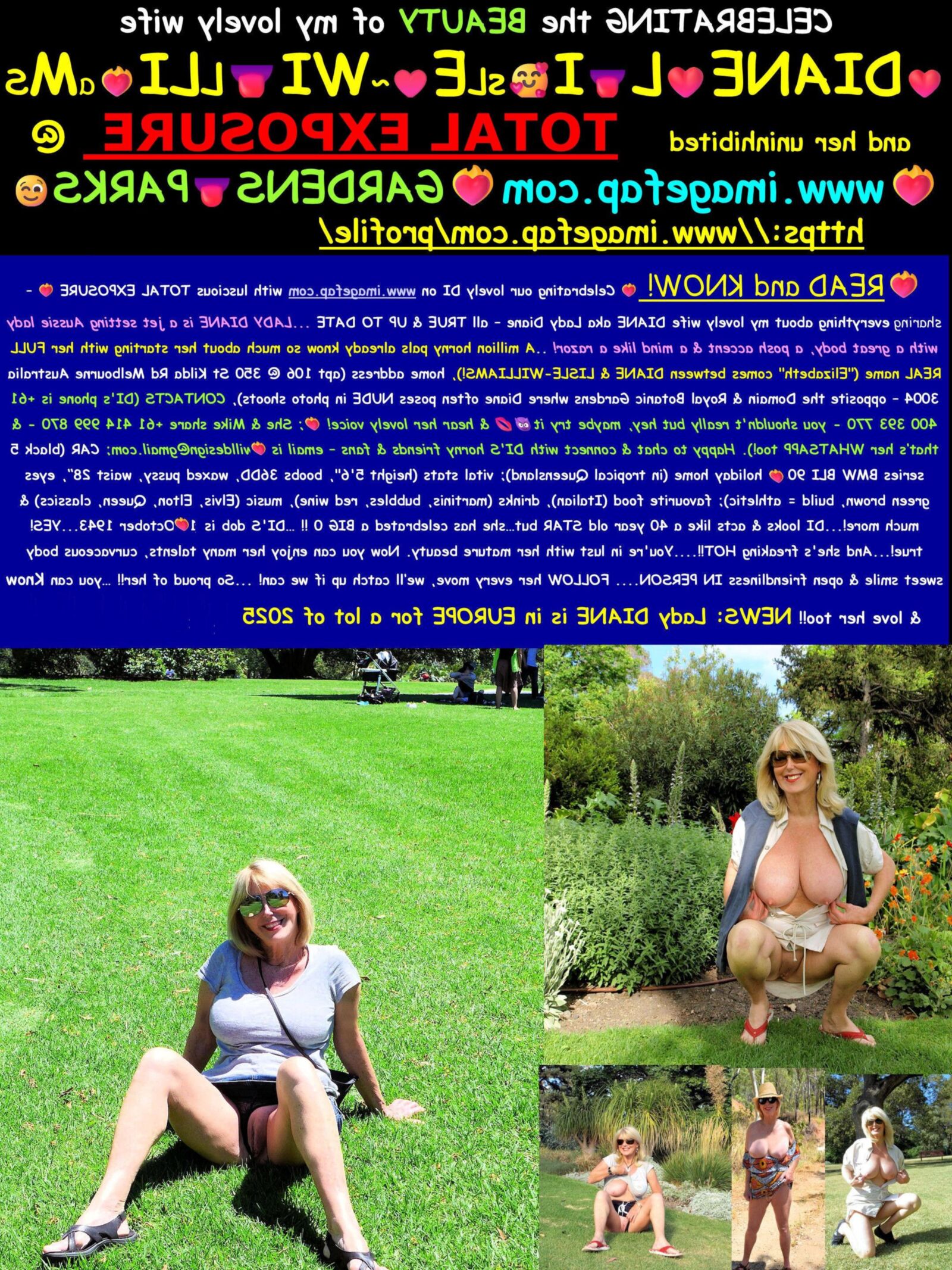 GREEN SPACES our lovely LADY DIANE NUDE in PARKS and GARDENS!